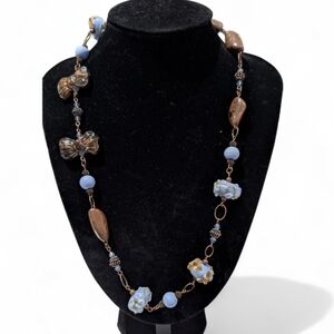 Handmade Ceramic & Crystal Brown & Periwinkle Blue Beaded Necklace
